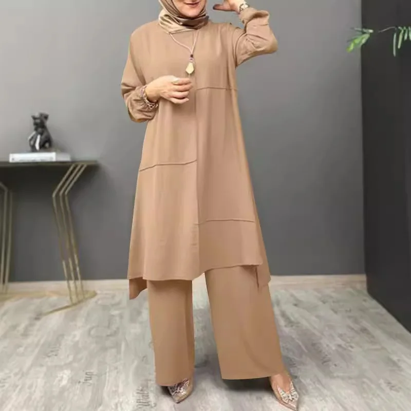 Muslim women's urban sportswear two-piece set, elegant bubble sleeve shirt, loose and fashionable wide leg pants set