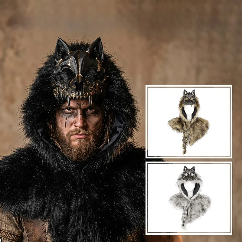 Viking Wolf Skull Hooded Cape Halloween Cosplay Costume Faux Fur Wolf Head Shoulder Wrap Medieval Carnival Party Prop