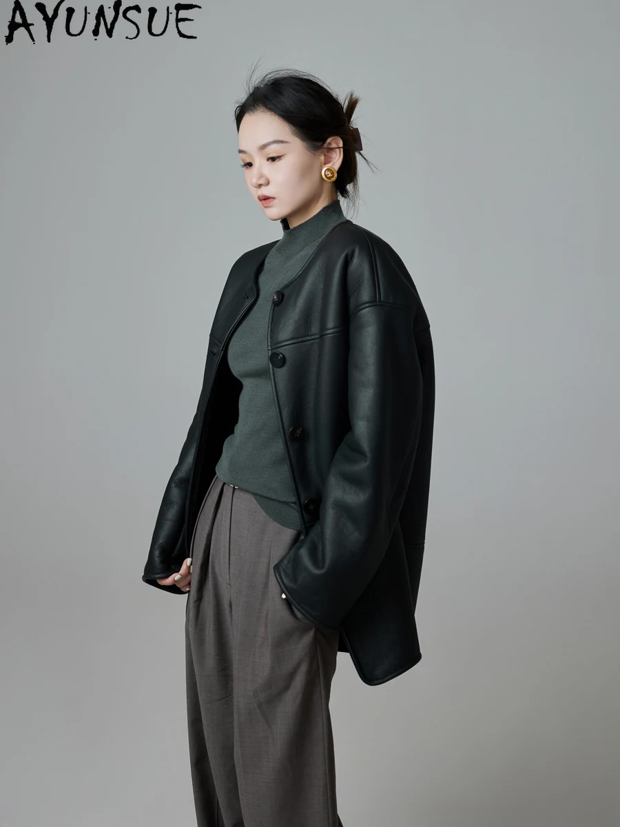 AYUNSUE Echte Schapenvacht Bontjas Vrouwen Echt Leren Jas Middellange Winterjassen 2025, Luxe Kleding Vrouwelijke omegaба Ж Diego