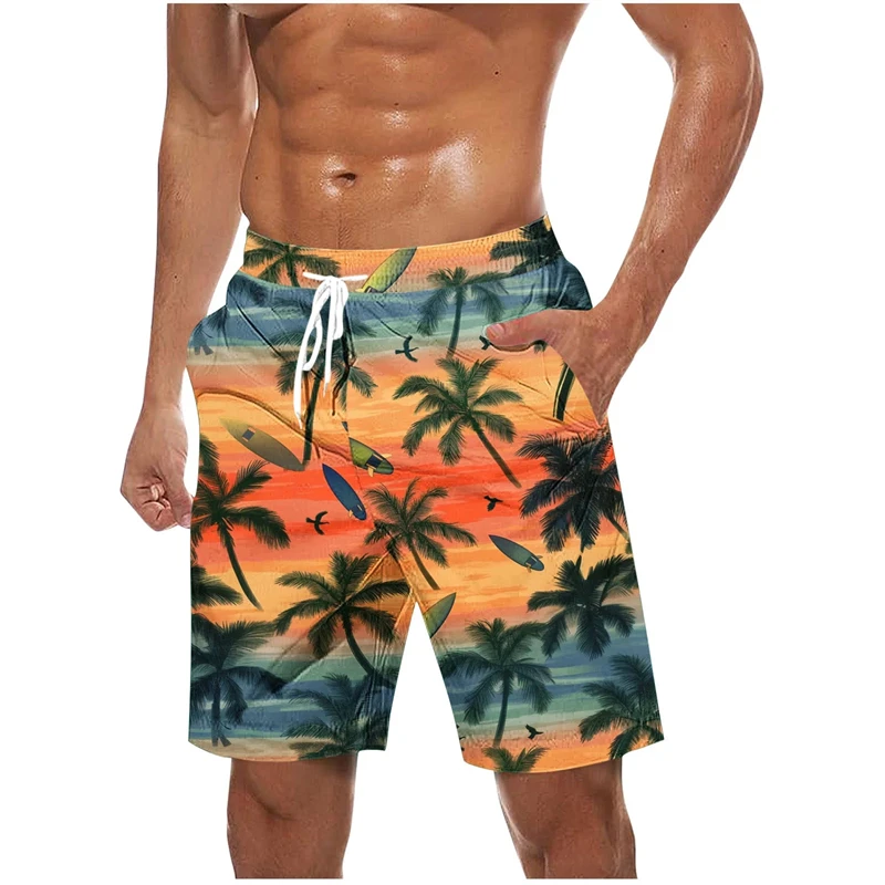 

Colorful Palm Tree Graphic Men Beach Shorts 3d Printed Tropical Plants Swim Trunk Summer Hawaiian Holiday Quick Dry Board Shorts