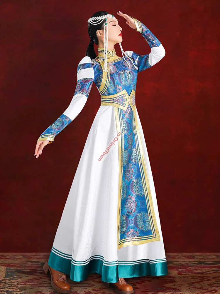 آداب منغولية رداء الزفاف فستان أبيض منغوليا الداخلية الاتجاه العرقي الأقلية زي أداء الرقص التصوير الزي