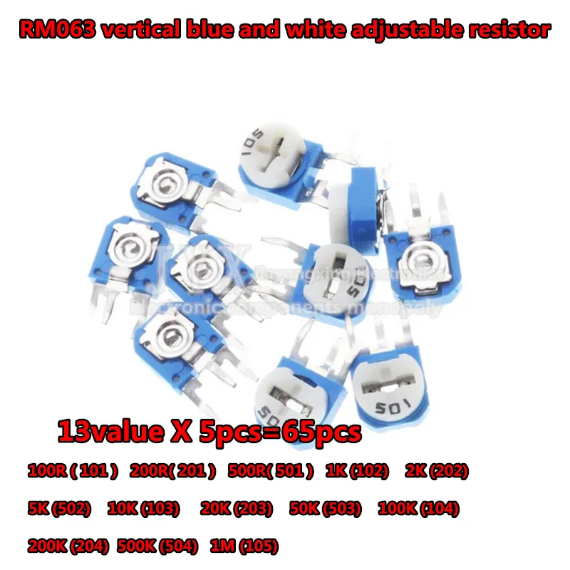 13 kinds * 5pcs= 65pcs RM063 vertical blue white adjustable resistor kit 100 ohm -1M ohm