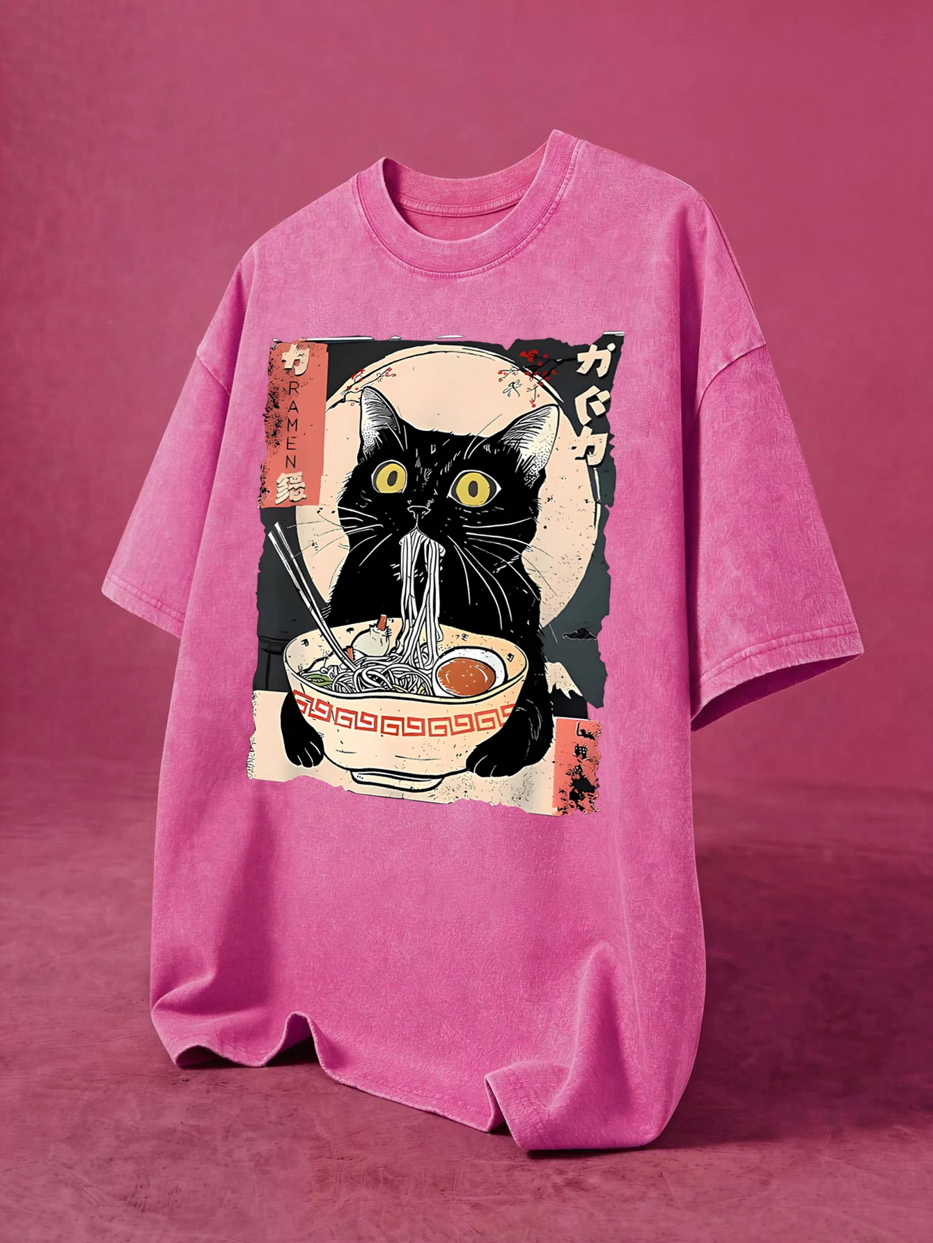 Cat Likes To Eat Noodles And Daydream Washed Men T-Shirt Summer Loose Soft Tee O-Neck Cotton Retro Top Unisex Fashion Clothing