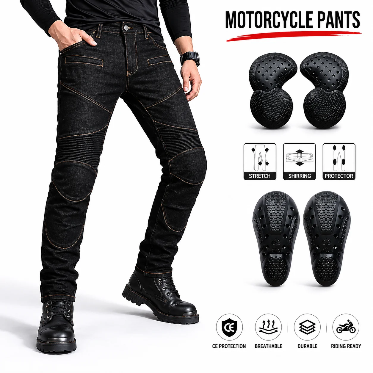 

Men’s Motorcycle Jeans, CE Protective Anti-Fall Riding Pants, Elastic Off-Road Biker Trousers, Casual Moto Riding Gear