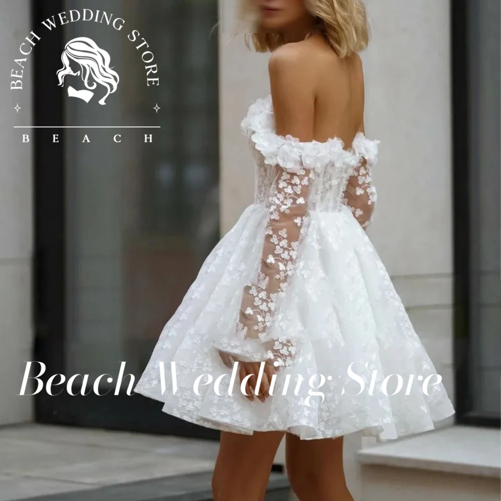 Beach Customized Long Sleeve Short Lace Wedding Dresses A Line 3D Flowers Mini Bride Dress Off The Shoulder Wedding Gowns