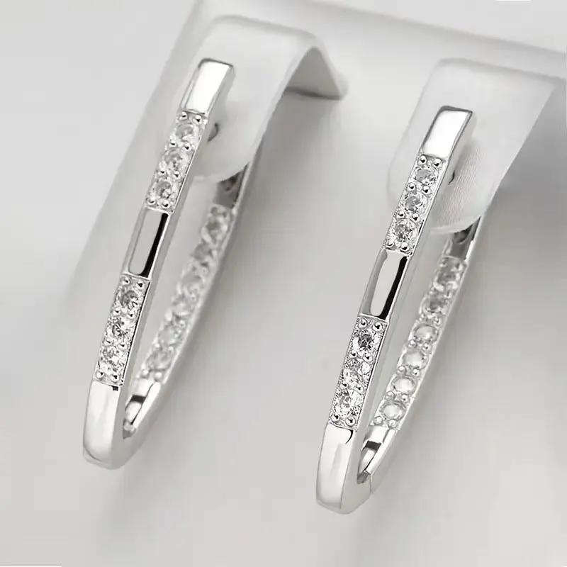 Anziw Clip Earrings Gold/Silver Color For Women Girl V-Shaped Moissanite Hoop Huggie Earrings Wedding Jewelry 14K Gold Filled - view 3