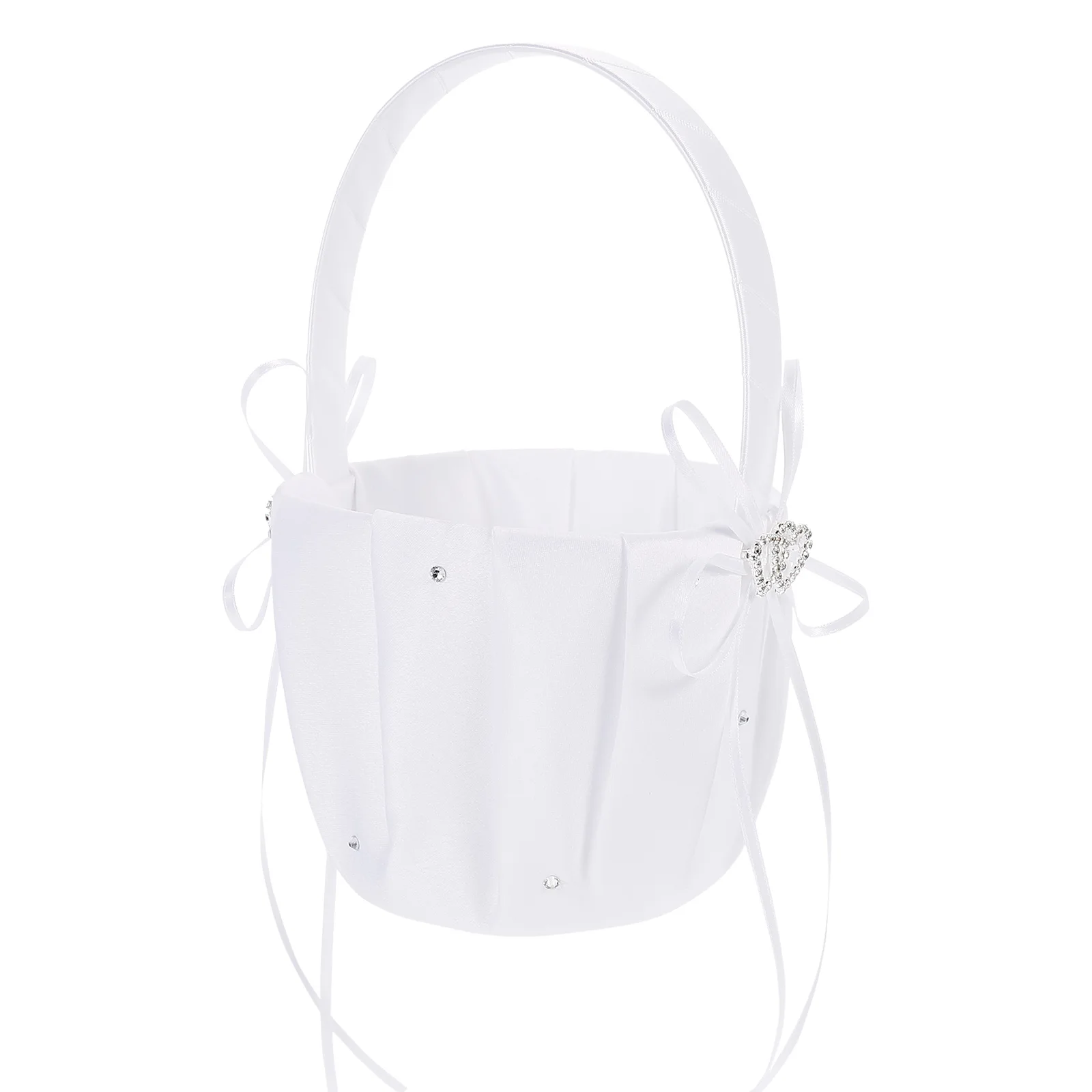 

1pc Heart Diamond Bridal Flower Basket Wedding Floral Girl Satin Baskets Party Supplies White With Handle Religious Event Petal