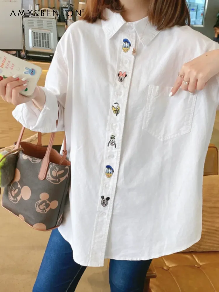 Spring New Cartoon Embroidered Shirt for Ladies All-Matching Sweet Thickened Cotton White Shirt Women Long Sleeve Top