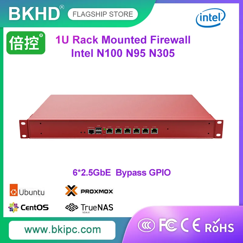 BKHD Red 1U Hard Ware Rack Mounted Firewall Intel N100 N95/i3 N305 6*2.5G Mini-PCIE Support Centos Ubuntu Mikrotik SOPHOS Server