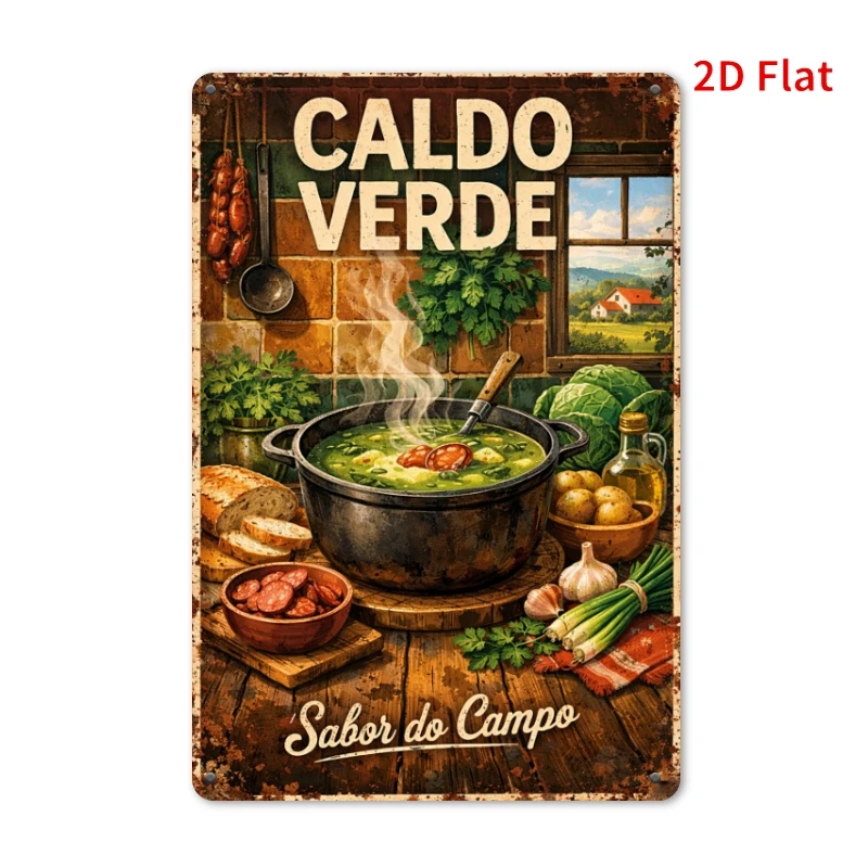 Letrero Metálico Plano 2D con Diseño de Cocina Portuguesa | Decoración de Pared con Diseño de Sopa Caldo Verde Sabor Do Campo Vintage, Ideal para Cocineros Caseros y Amantes de la Comida