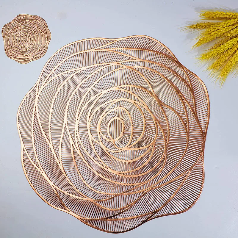 

Rose Shape Gold Round Placemats, Hollow Out Washable and Wipeable Place Mats, Pressed Vinyl Table Mats Anniversary Dinner