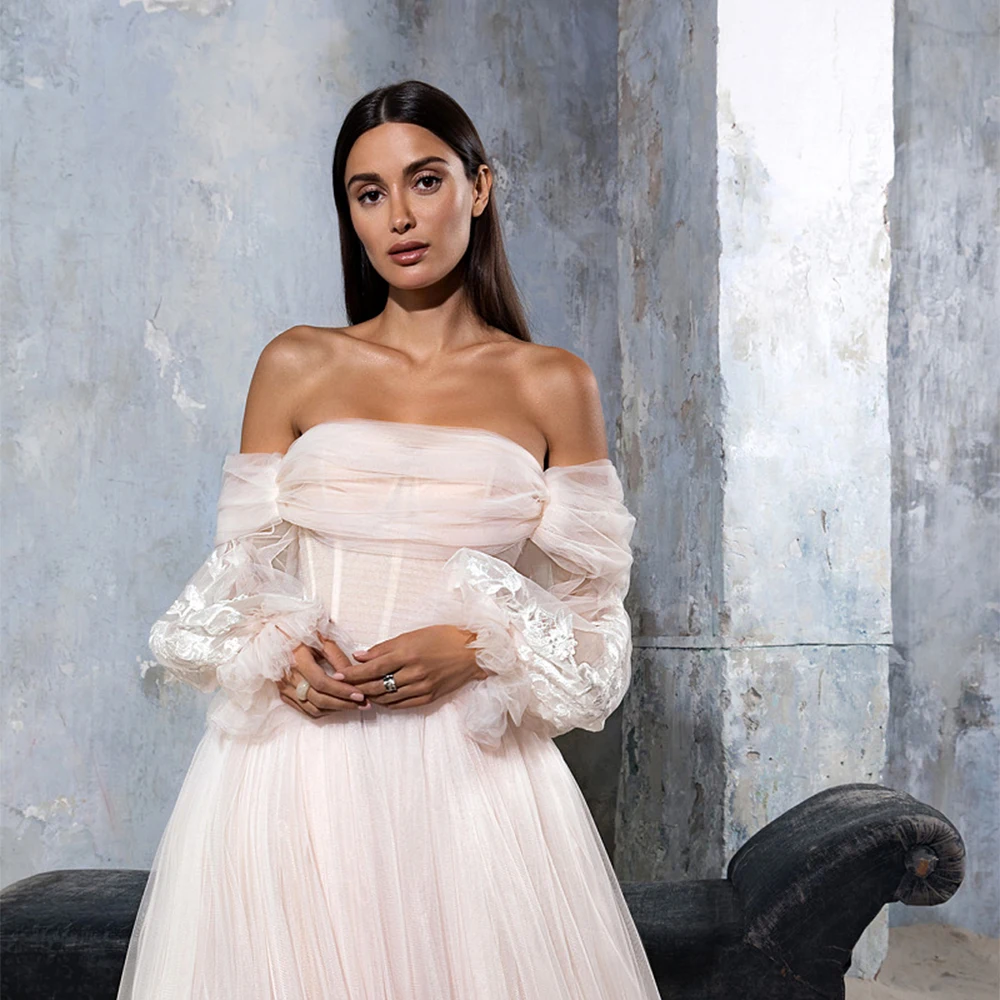 심플한 스트랩리스 웨딩드레스, 부드러운 튤 소재, 2025년 여름, 긴팔, 코트 트레인, A라인, 베스티도 데 노비아