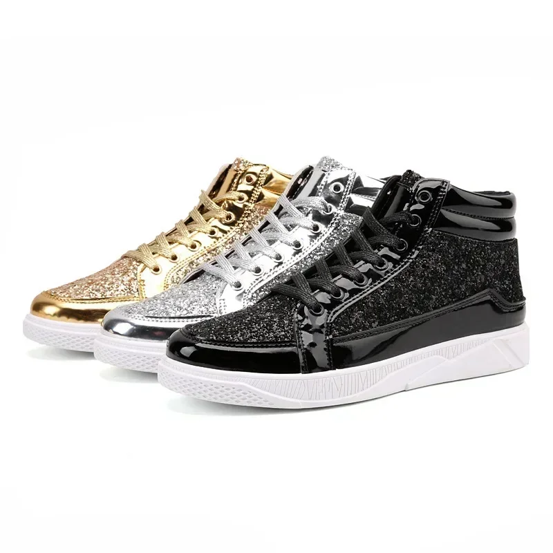 

Men's Gold Sequins Platform Boots Autumn Fashion Casual Sports Shoes Thick Bottom Vulcanized Shoes Man Flats Heels Shoes Hombres