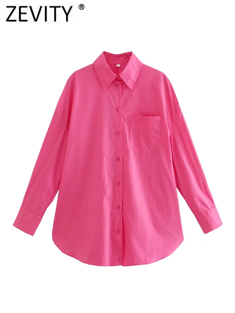 ZEVITY Women Fashion Candy Colors Pockets Patch Loose Poplin Blouses Ladies Long Sleeve Business Shirts Blusas Chic Tops LS731