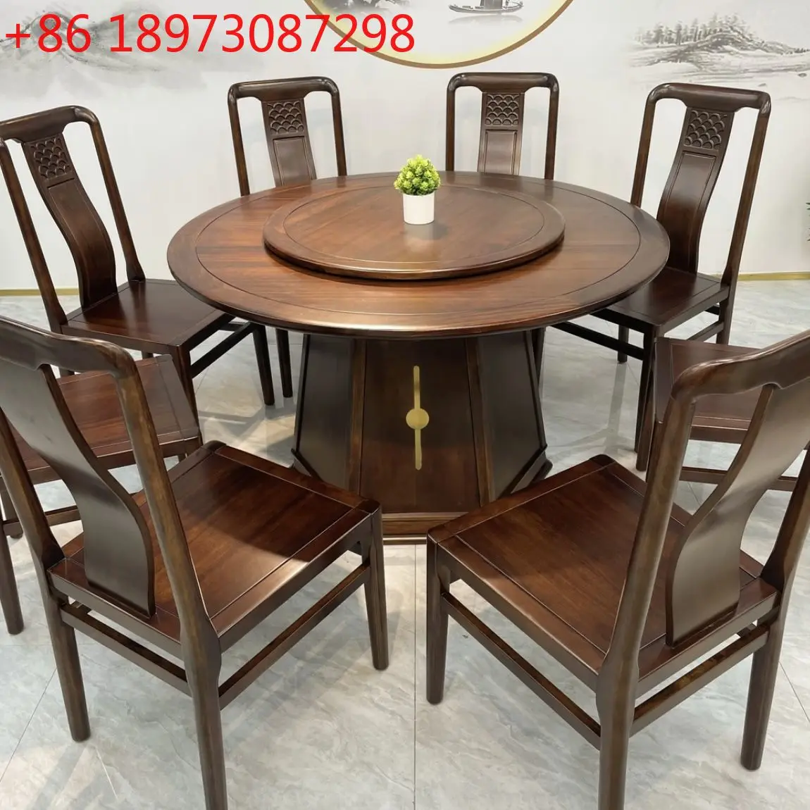 

Thickened ebony Chinese all-solid wood round dining table and chair combination with turntable modern minimalist style