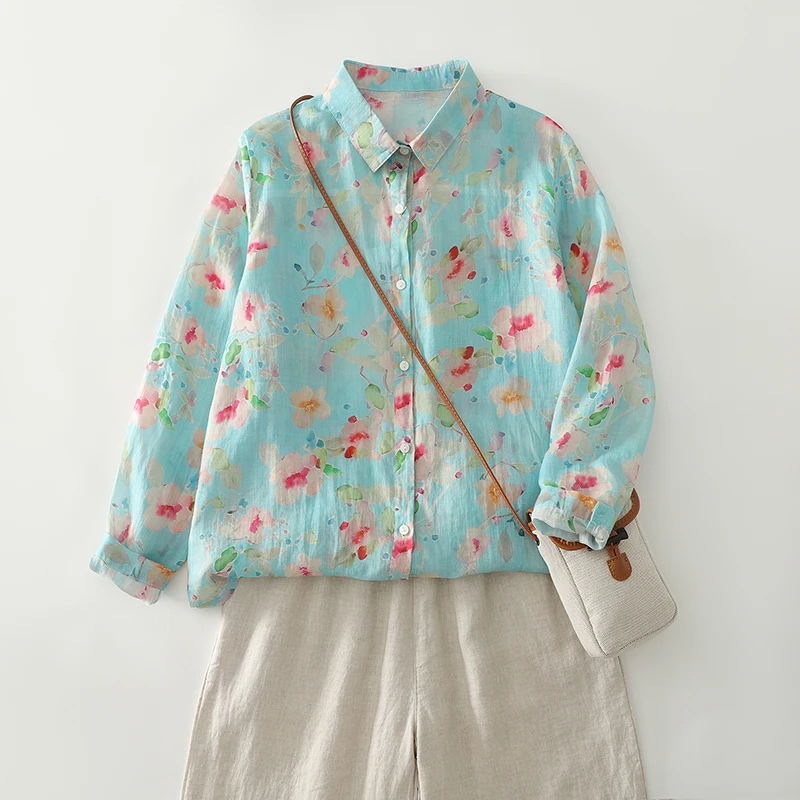 Artistic Vintage Print Cotton Linen Long Sve Women's irt Loose Casual Thin Autumn New Sle Faionable All-Match Sle