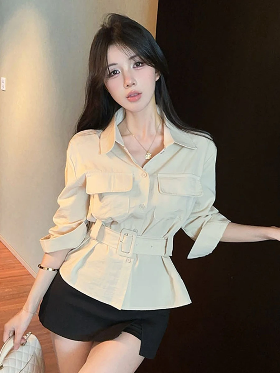 

Retro Collar Design Sense Seven Sleeve Shirt Elegant Sexy Waist Belt Slimming Top Women's Fashion Spring Casual Loose Fit