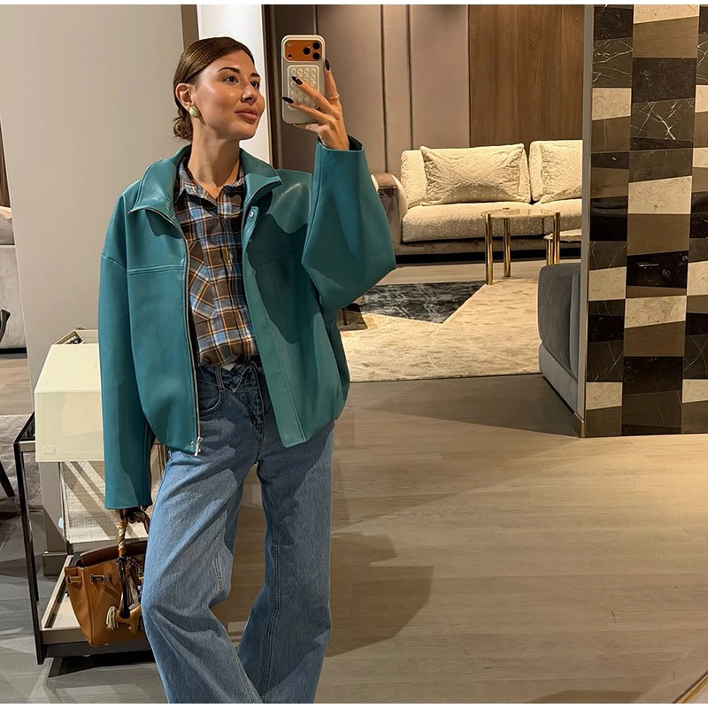 Women's Solid Faux Leather Jacket Stand Collar Zippers Long Wide Sleeves Cropped Coats 2026 Autumn Fashion All-match Streetwears