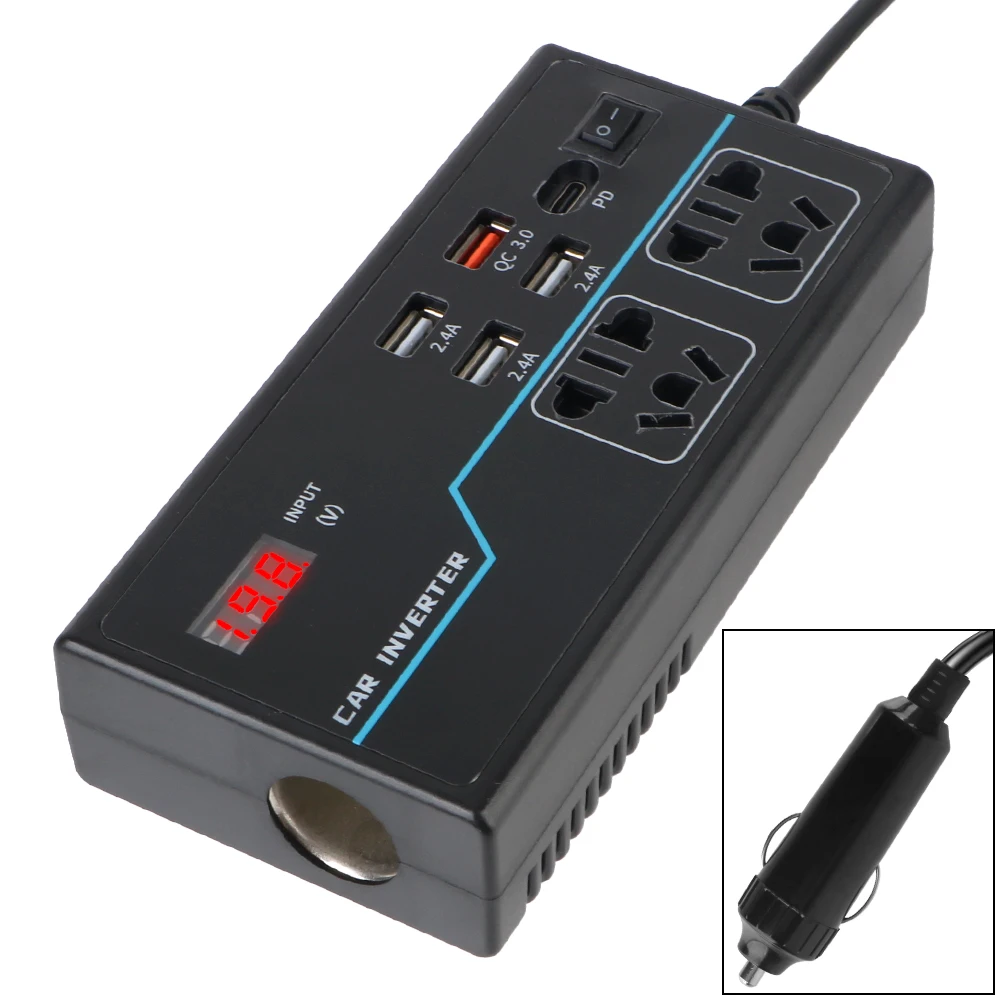 Overload Protection Car Inverter 8 Ports Sockets Power Adapter 200W USB/PD/Type-C Chargers DC 12V/24V to AC 110V/220V Converter