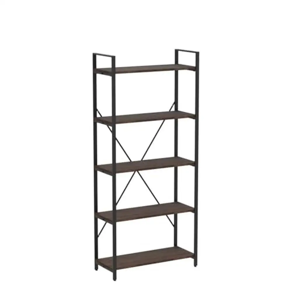 Etagère à Bibliothèque Rustique en Bois et Métal à 5 Niveaux, Unité de Rangement de Style Industriel T1