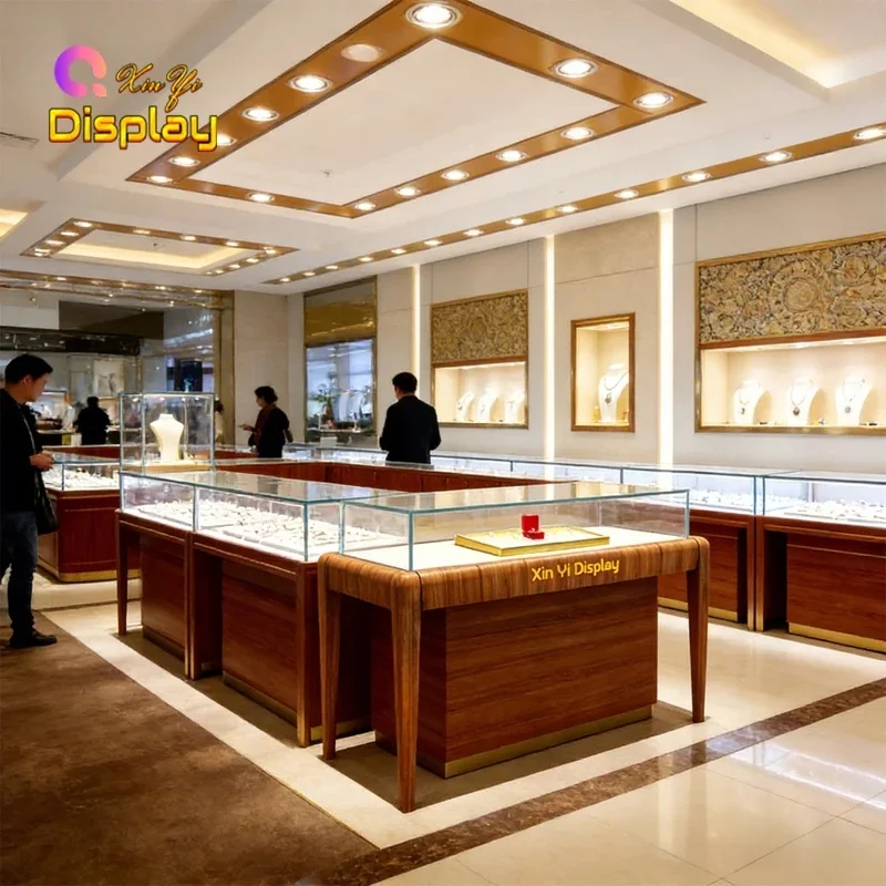 custom.Factory Custom Wood Grain Eco-Friendly Heavy Duty Jewellery Counter Lockable LED Glass Display Stand High End Jewelry Sho