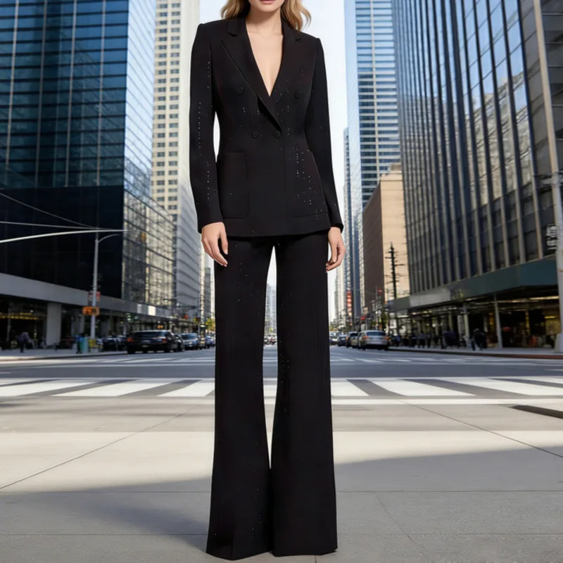 

LEOSOXS Women's Black Sequin Stripe Blazer Set Double-Breasted Blazer Flared Pants For Office Party Daily Styling Chic Occasions
