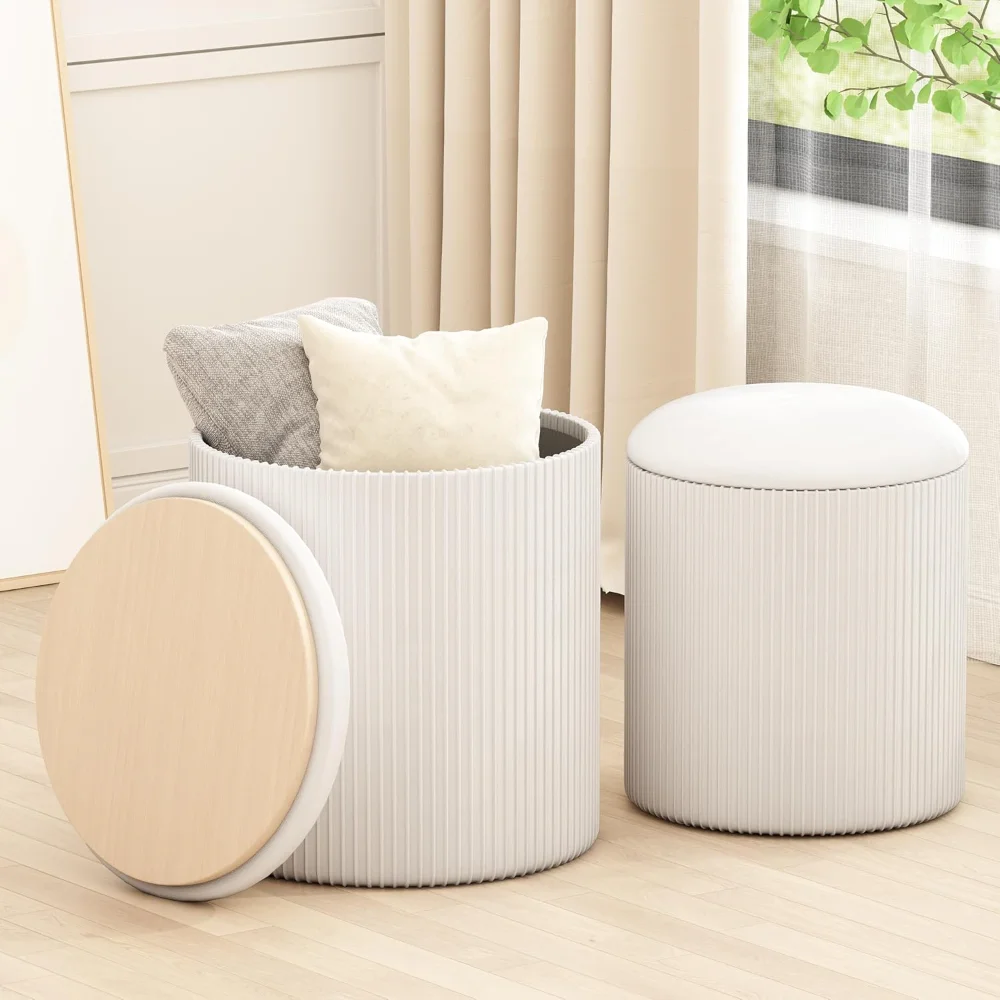 

Round Ottoman with Storage Set of 2, Velvet Vanity Stool with Storage for Bedroom, Small Foot Stool, White Stools & Ottomans