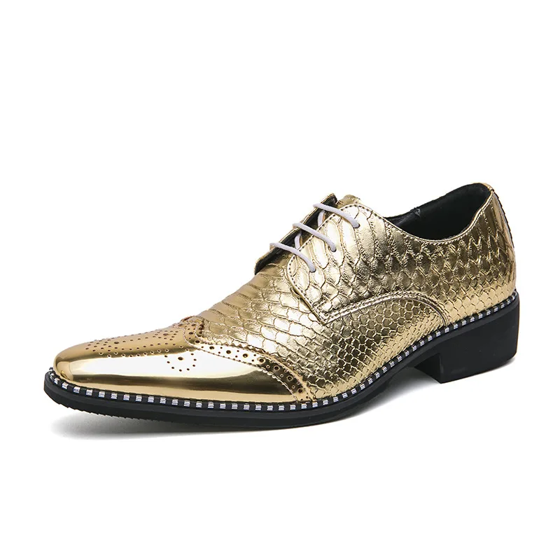 Luxury Designer Pointed Gold  Brogue Oxford Leather Shoes For Mens Formal Wedding Prom Dress Homecoming Zapatos Hombre