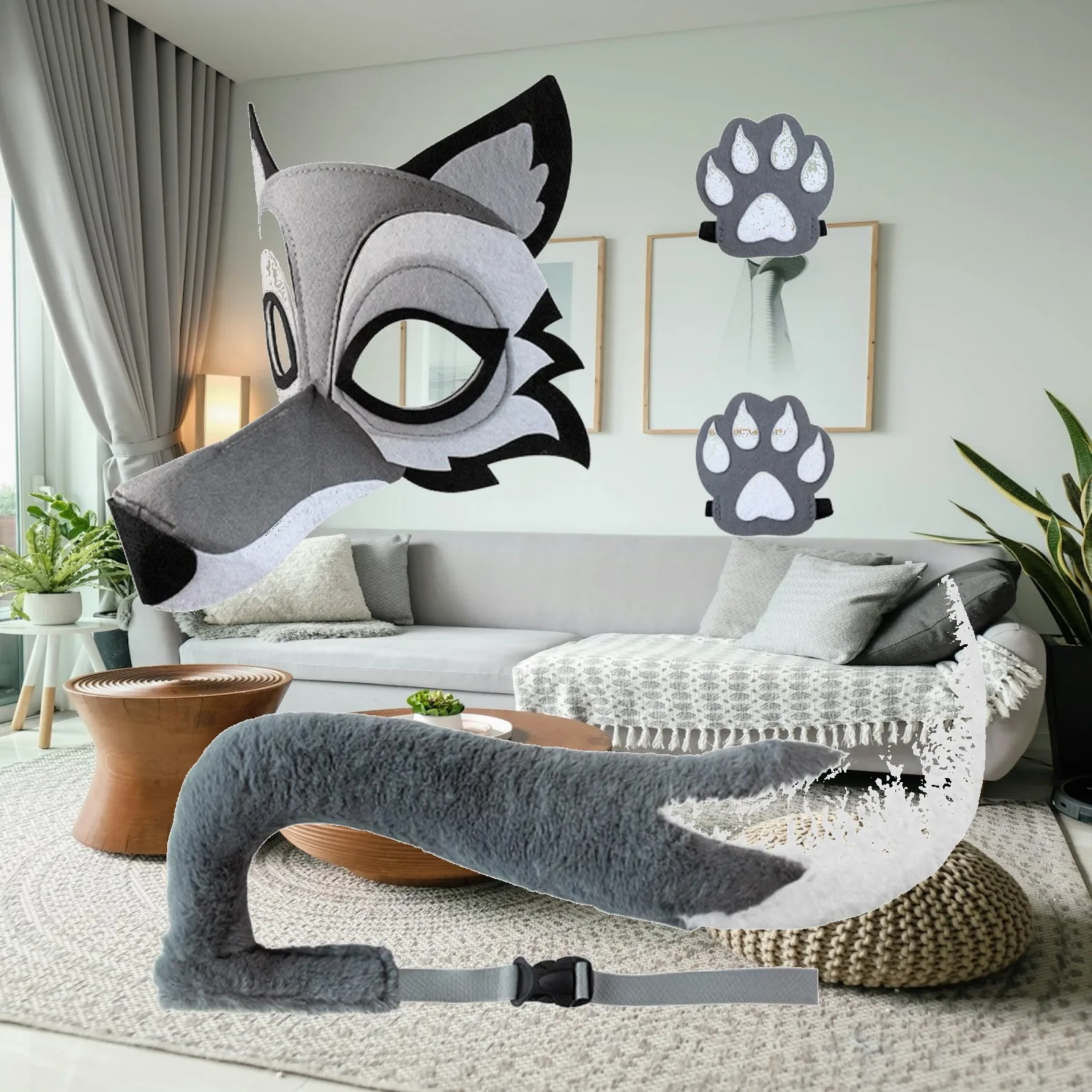 Wolf Mask with Tail and Paws Easy to Wear Wolf Cosplay Costume Accessories Set Animal Dress up Kit Ultra-Soft Furry Tail
