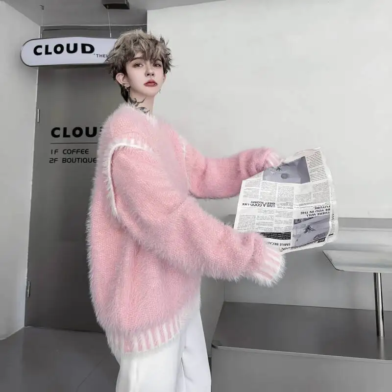 WTHT Kaus Kasual Warna Kontras Bergaris Pria Fashion Trendi 2025 Atasan Kerah Bulat Lengan Panjang Musim Gugur Pria 2A2071