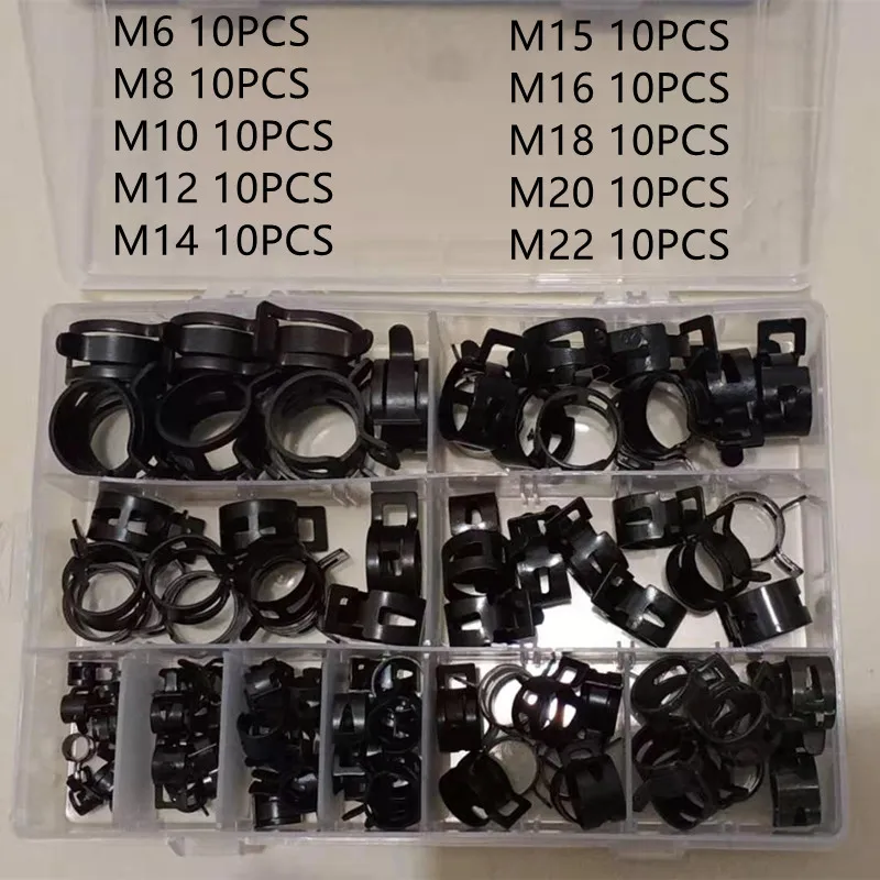 Black 100Pcs/Set 6-22mm Q673B Vacuum Spring Fuel Oil Water CPU Hose Clip Pipe Tube for Band Clamp Metal Fastener Assortment Kit