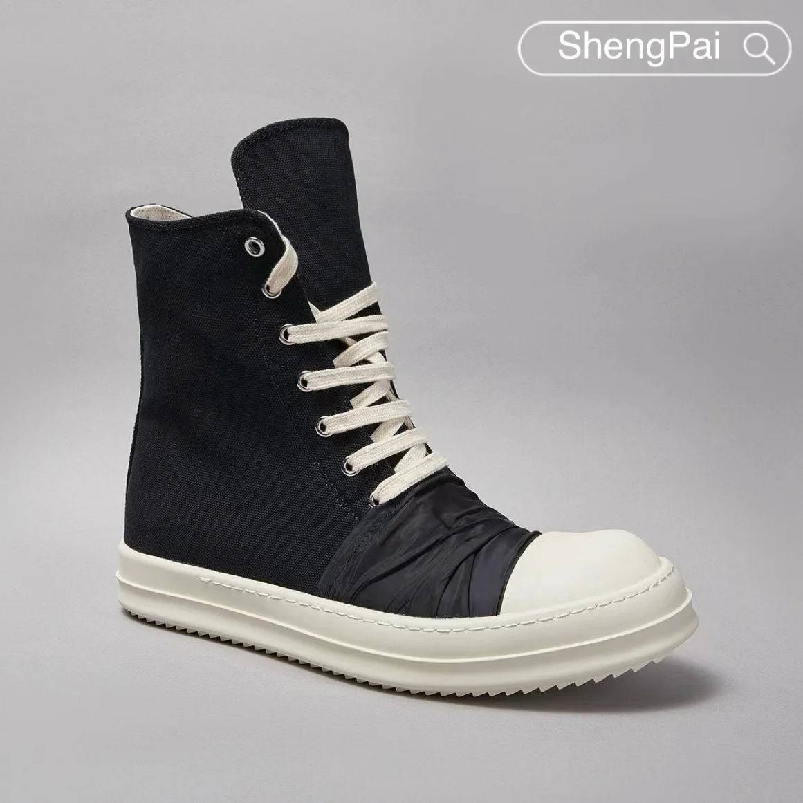 Ricks pano preto enrugado lona sapatos de cano alto owens sapatos masculinos de luxo design com zíper tênis e botas femininas