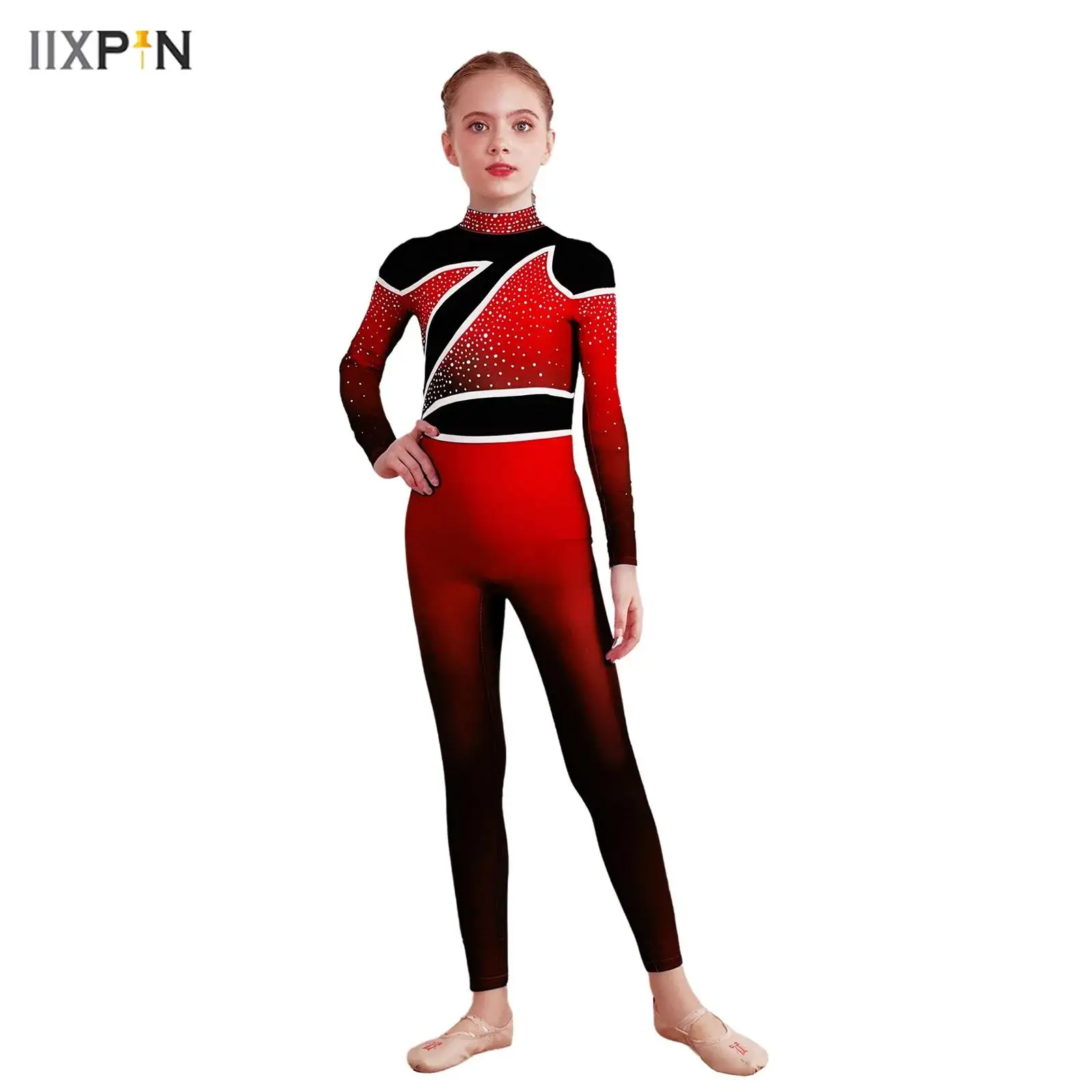 

Kids Girls Acrobatics Gymnastics Ballet Dance Jumpsuit Color Block Gradient Mock Neck Long Sleeve Rhinestones Bodysuit Dancewear