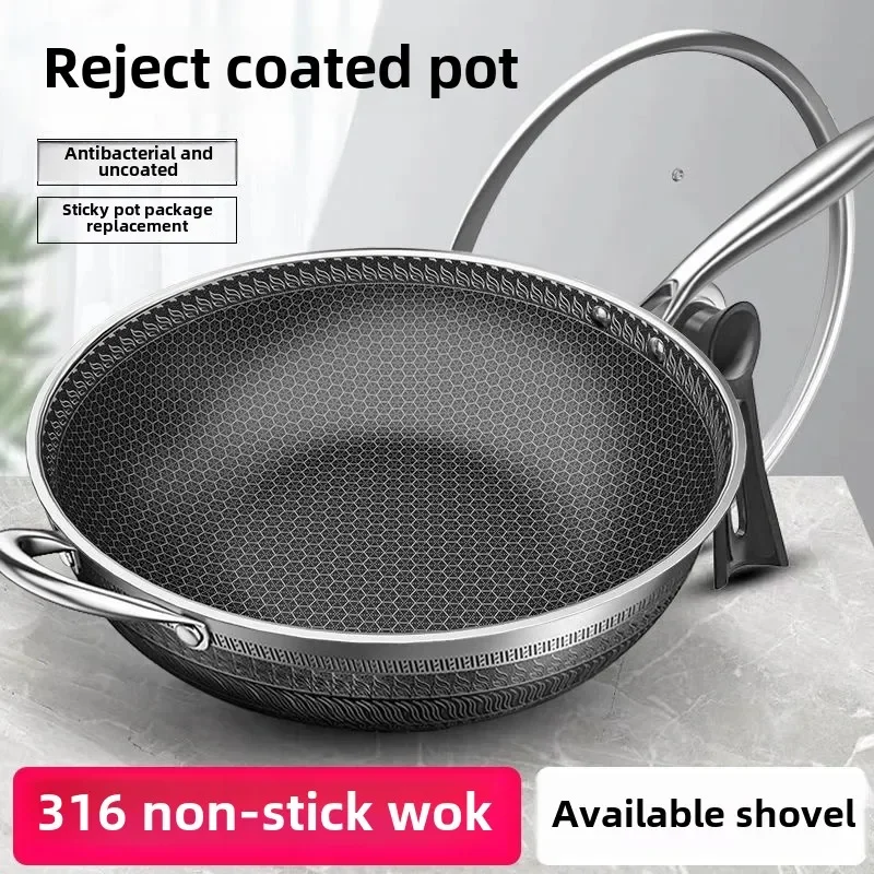 

32cm/34cm Nonstick Wok 304 Full Stainless Steel Wok No Fume Coating-Free Gift Cookware