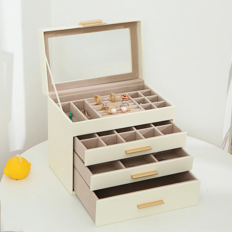 

4-слойный органайзер для украшений с окошком, многосекционный контейнер для серег, ожерелий и золотых украшений