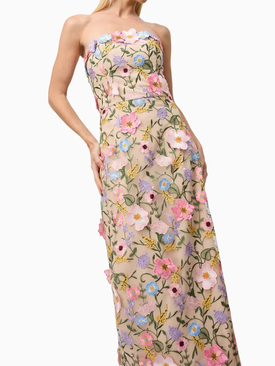 TWOTWINSTYLE Hit Color Spliced Appliques Slimming Dresses For Women Strapless Sleeveless High Waist Temperament Dress Female New