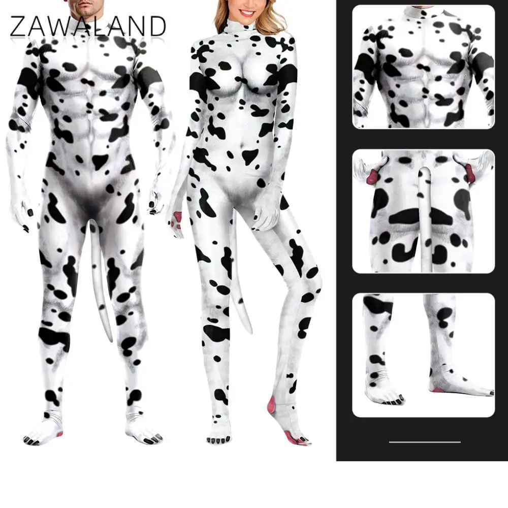 Zawaland Dairy Cows Costume with Tail Halloween Animal Cosplay Outfit Couple Zentai Bodysuits Crotch Zipper Disguise Jumpsuits