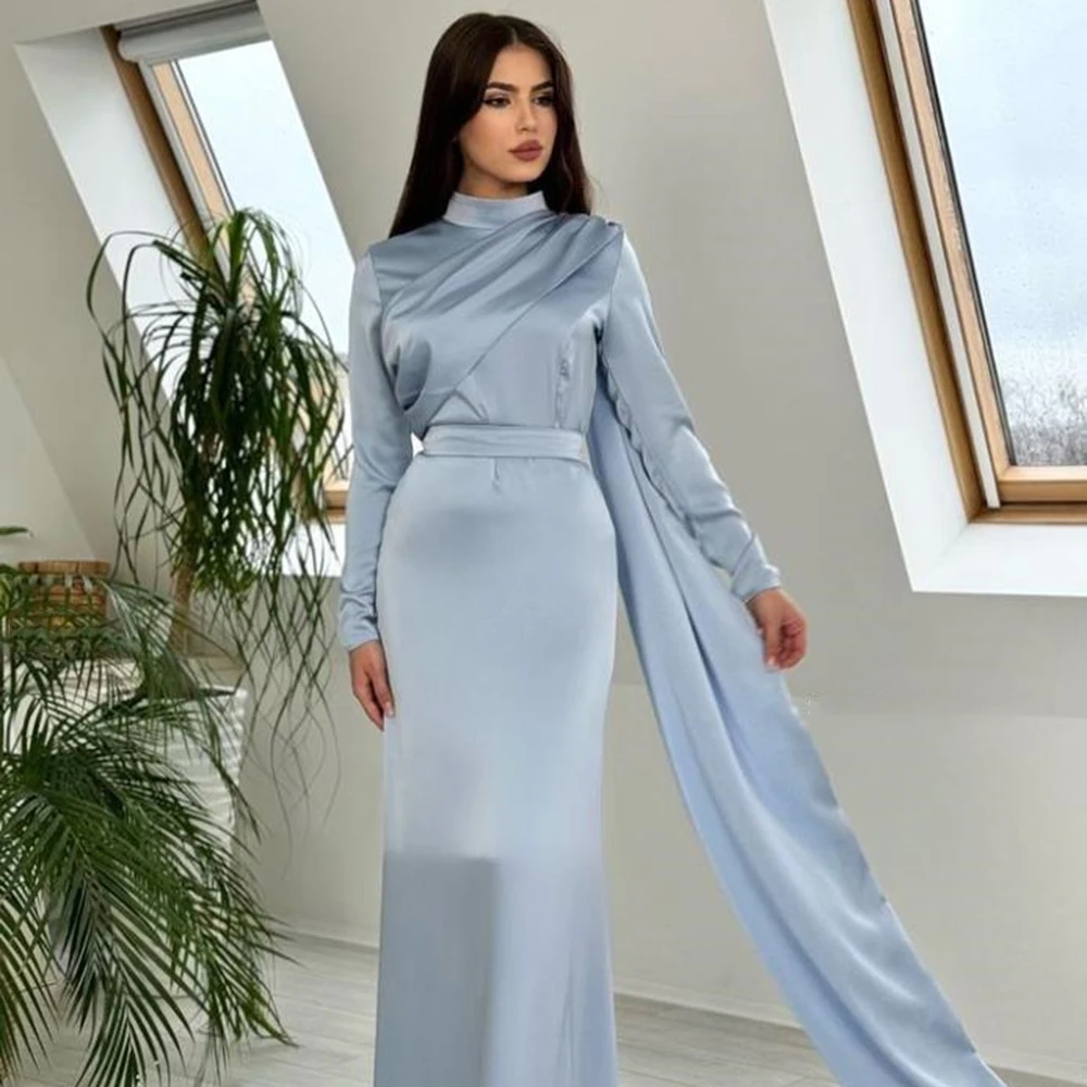 

Customized Satin High Neck Pleat Criss-Cross Evening Dresses Full Sleeves With Sweep Train Floor Length فساتين للمناسبات الخاصة