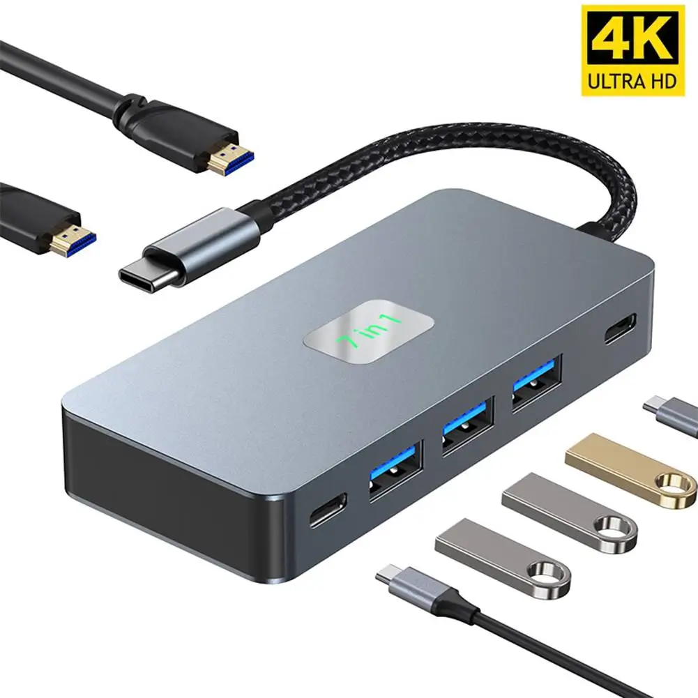 7 in 1 USB C Docking Station Dual HDMI-Compatible Monitor PD 100W USB C Dock with 3* USB3.0 USB-C 2* 4K HDMI Ports for MacBook