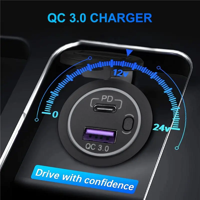 AEE5-PD Type C USB Car And QC 3.0 Quick 12V Power Outlet Socket With ON/Off Switch For Motorcycle RV ATV