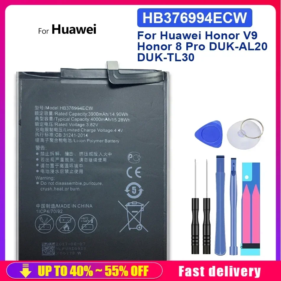 4000mAh HB376994ECW Mobile Phone Battery For Huawei Honor 8 Pro Honor8 Pro V9 DUK-L09 DUK-AL20 DUK-TL30 Portable Battery