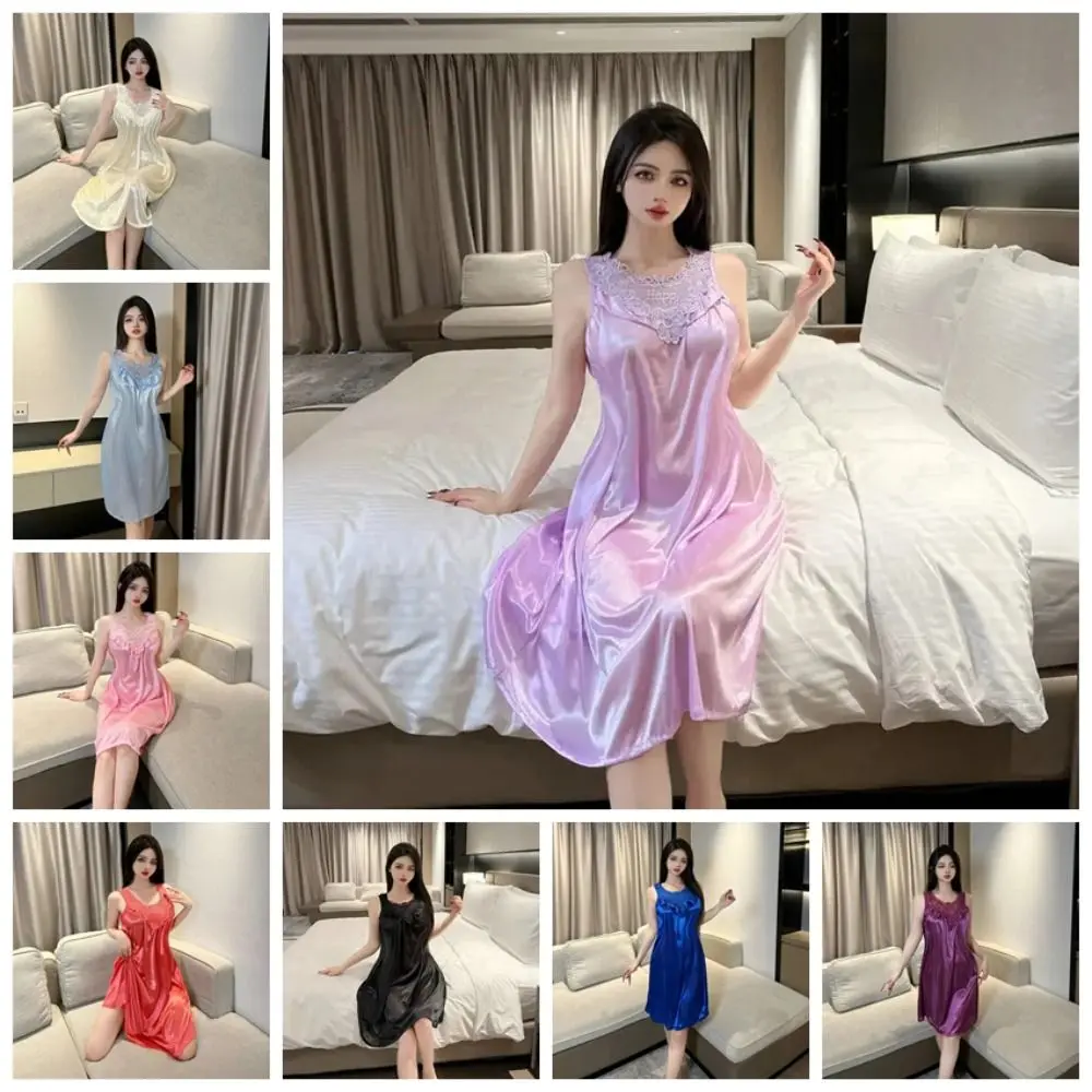 Lace Edge Decoration Lace Trim Nightgown Breathable Light Material Oversized Loose Fit Loose Loungewear Gown No Sleeve Casual