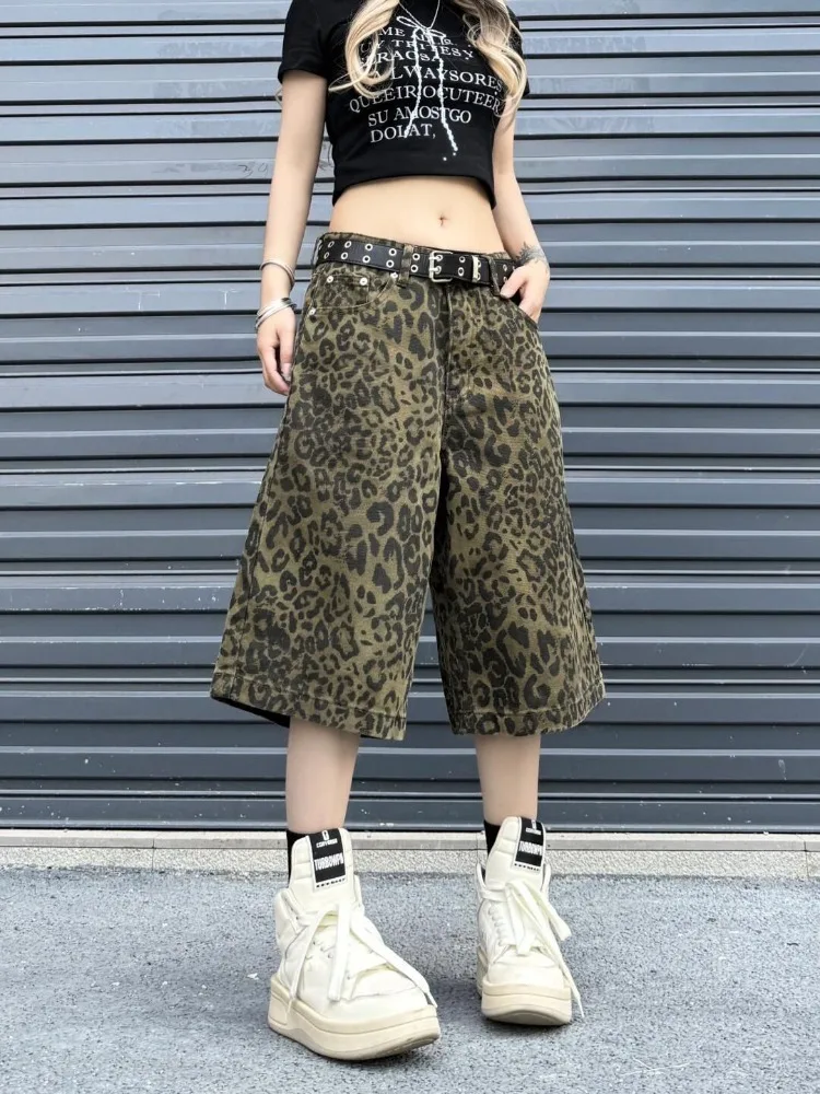 Jeans americani con stampa leopardata retrò per donna Y2k E-Girl pantaloni dritti in Denim a vita alta 2024 estate nuova gamba larga allentata