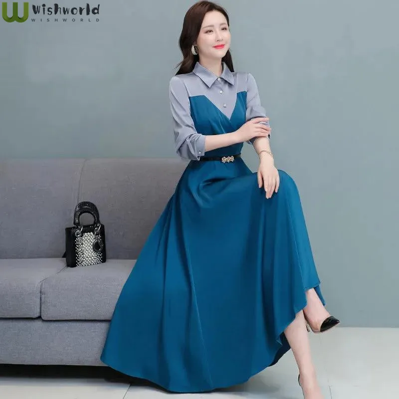 

Long Sleeved Stitched Acetate Satin Dress Women's 2022 Spring and Autumn New Slim Temperament Lady Gentle Wind Long Skirt