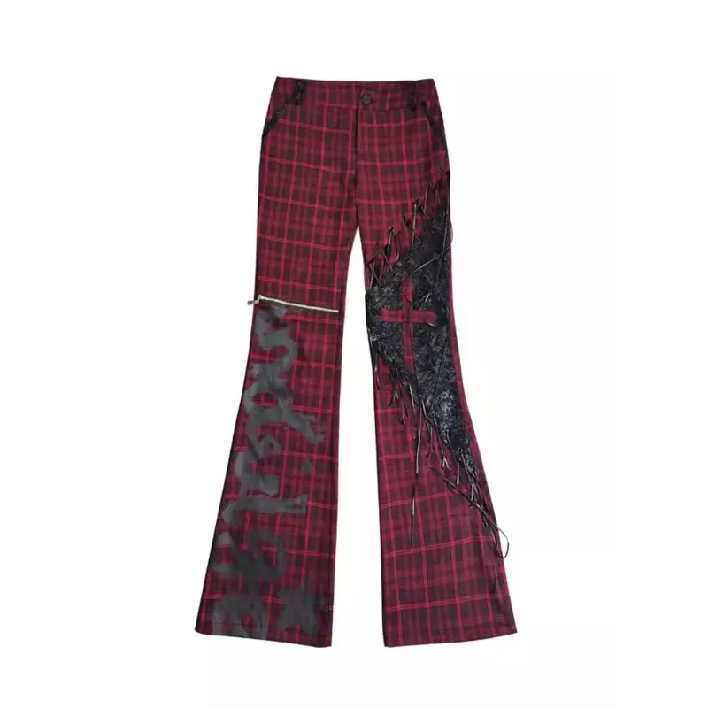 FallenVex Store Ladies Gothic Punk Long Flare Pants Red Wine Plaid Hollow Lace‑Up Detail Streetwear Rock Fashion Casual Trousers