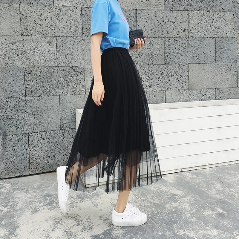 Basic Solid Pleated Tulle Midi Skirt Spring Summer Big Swing Long Mesh Skirt Korean Style Fashion Ladies Gray Beige Black Skirt