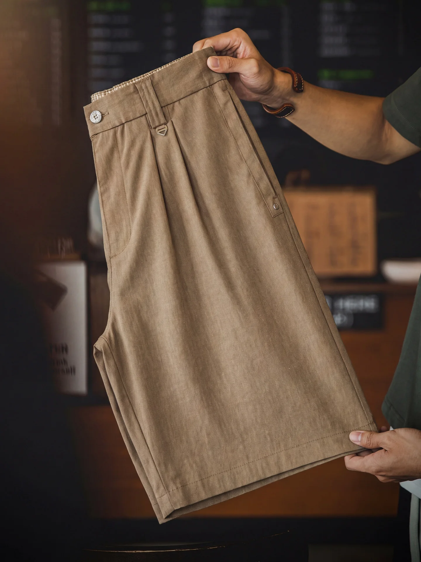 khaki-cotton-linen-blend-men's-short-pants-summer-drape-anti-wrinkle-commute-casual-five-point-thin-breathable-mid-pants