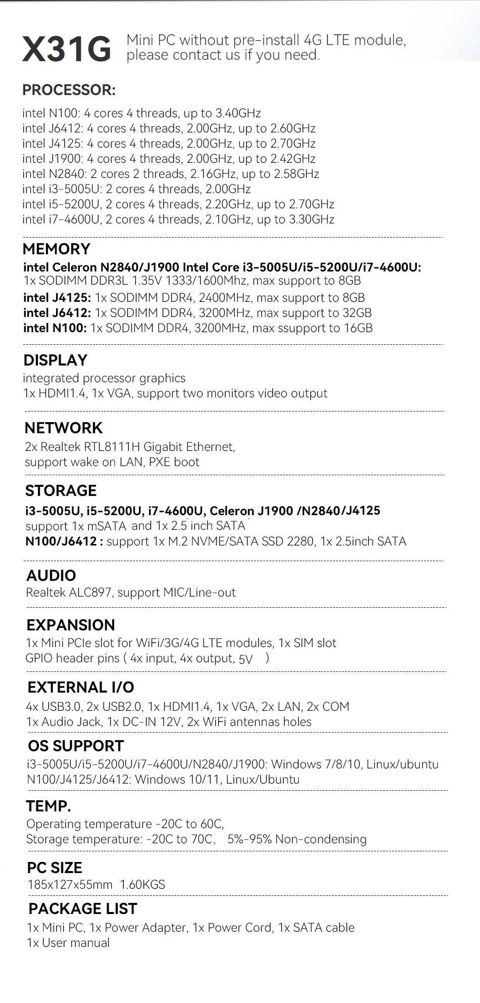 Fanless Industrial Mini PC Intel N100 J6412 2x Ethernet 2x COM RS232/485 6x USB 4G LTE SIM Card WiFi Windows Linux