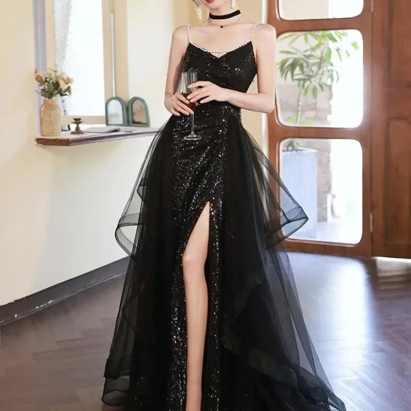 

New Black long sequined removable tail lady girl women princess banquet party performance prom dress performance gown
