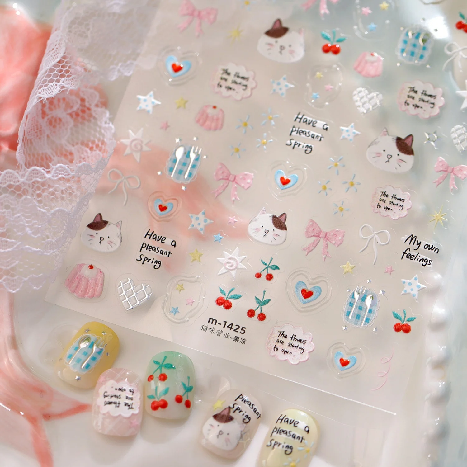 5D Cute Cartoon Cat Pudding Cherry Bow Kawaii Lovely Kitten Embossed Nail Stickers Self-Adhesive Nail Art Decals Manicure Decor